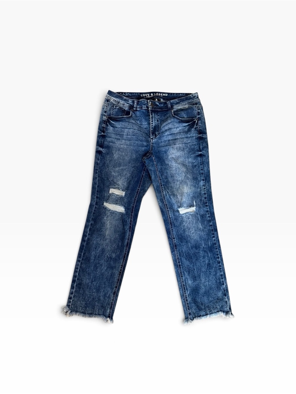 Love & Legend distressed straight leg blue jean size 12 retro denim frayed hem